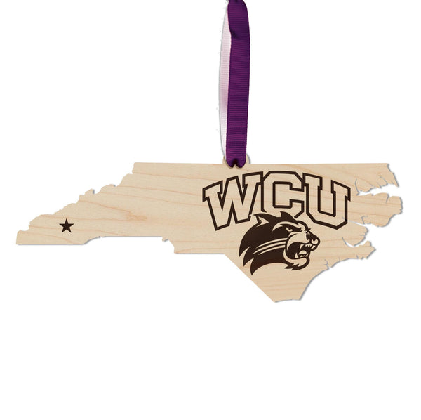 Western Carolina Catamounts on State Ornament – Crafted from Cherry and Maple Wood – WCU Catamounts