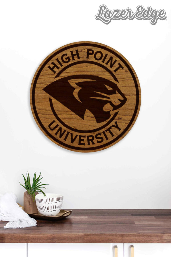 High Point University Circular Athletic Logo Wall Hanging - Crafted from Cherry or Maple Wood - High Point Panthers