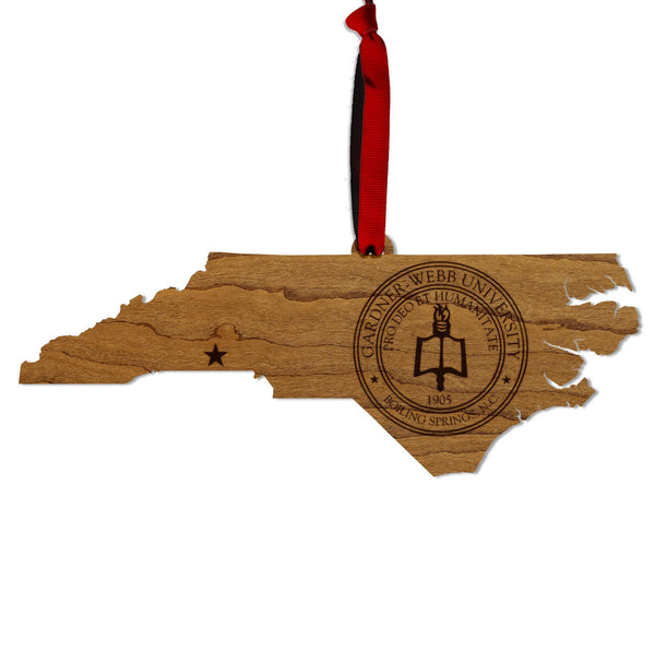 Gardner Webb University Seal on State Ornament – Crafted from Cherry Wood – Gardner Webb Bulldogs
