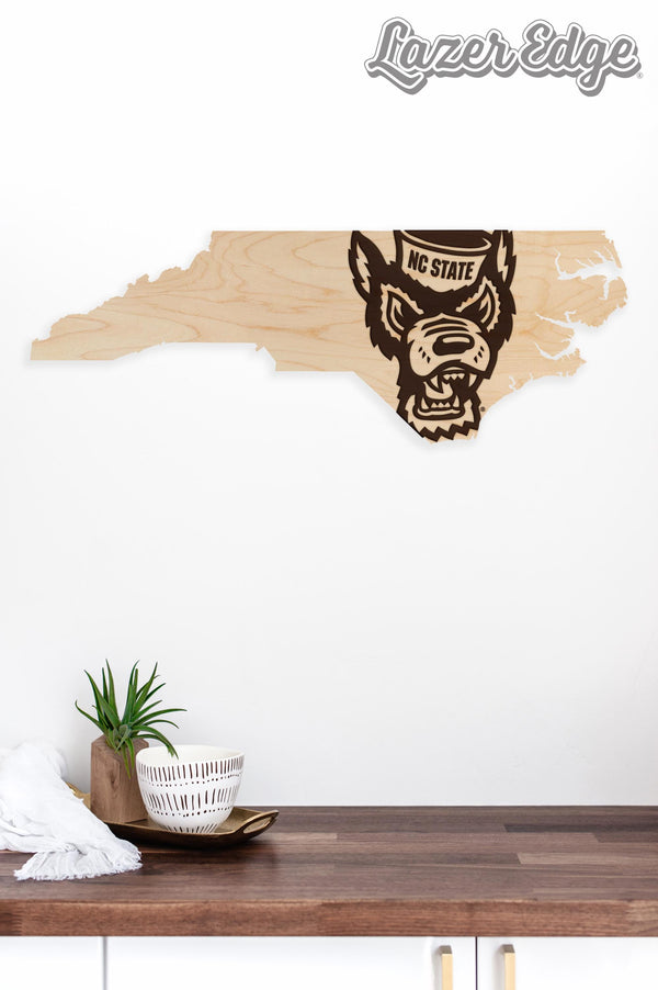 North Carolina State University Tuffy Head on State Wall Hanging - Crafted from Cherry or Maple Wood - NC State Wolfpack