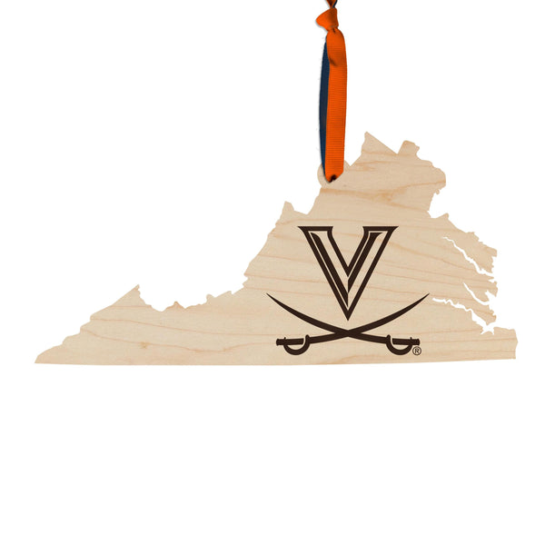 University of Virginia Sabres on State Ornament – Crafted from Cherry and Maple Wood – Virginia Cavaliers