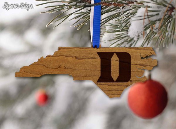 Duke Blue Devils Iron D on State Ornament – Crafted from Cherry and Maple Wood – Duke University