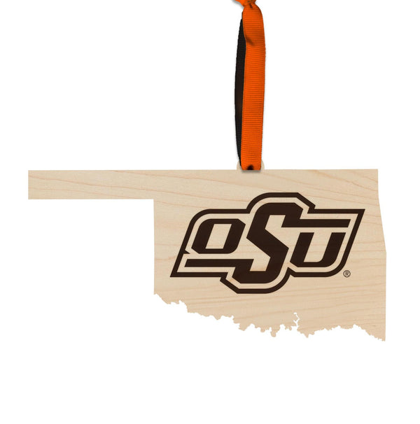 Oklahoma State OSU on State Ornament – Crafted from Cherry and Maple Wood – OSU Cowboys