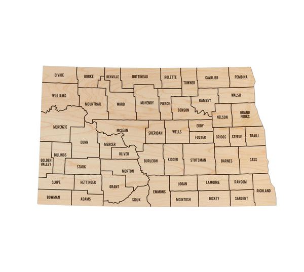 North Dakota County Map Wall Hanging - Crafted from Cherry or Maple Wood