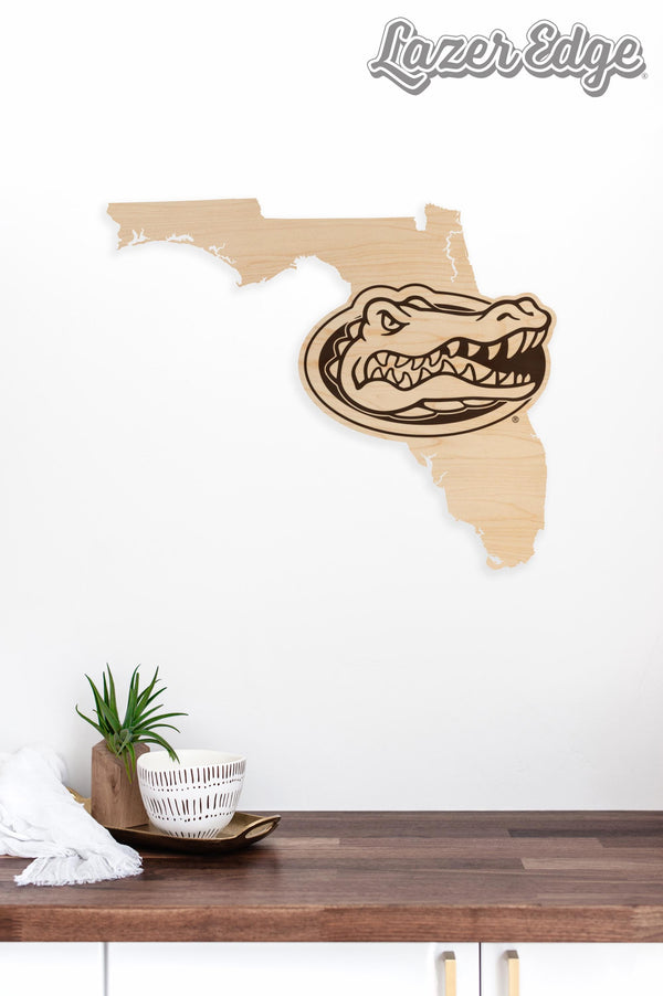 University of Florida Gators on State Wall Hanging - Crafted from Cherry and Maple Wood - Florida Gators