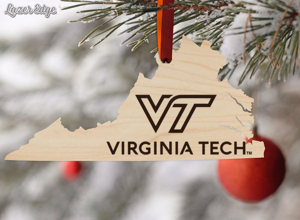 Virginia Tech Academic Mark on State Ornament – Crafted from Cherry and Maple Wood – Virginia Tech Hokies