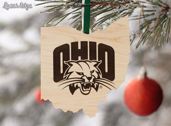 Ohio University Bobcats on State Ornament – Crafted from Cherry and Maple Wood – Ohio University Bobcats