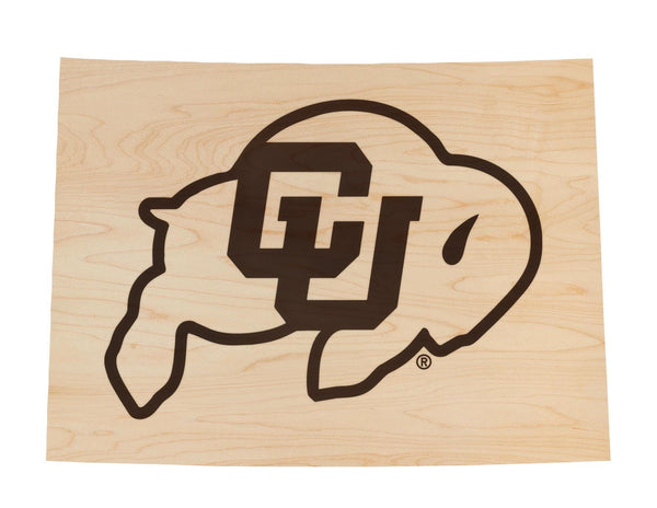 University of Colorado Buffaloes on State Wall Hanging - Crafted from Cherry and Maple Wood - Colorado Buffaloes