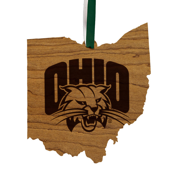 Ohio University Bobcats on State Ornament – Crafted from Cherry and Maple Wood – Ohio University Bobcats