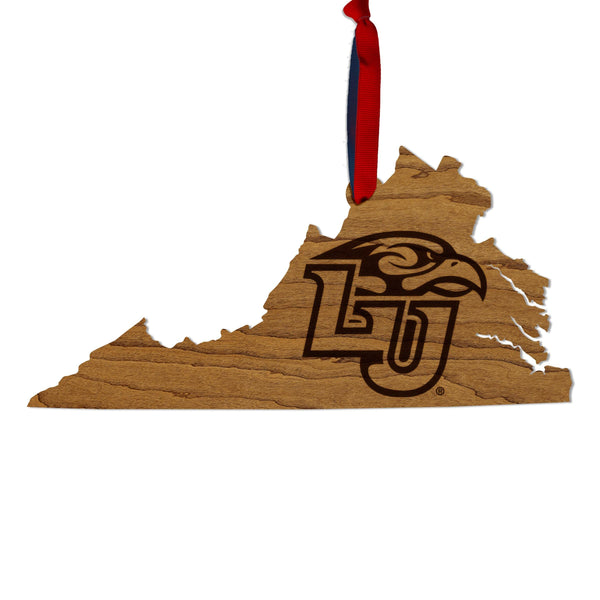 Liberty University Eagle on State Ornament – Crafted from Cherry and Maple Wood – Liberty Flames