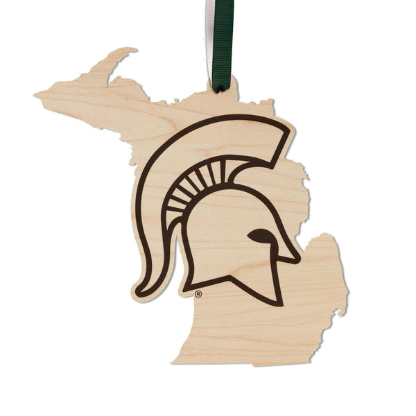 Michigan State University Spartans on State Ornament – Crafted from Cherry and Maple Wood – Michigan State Spartans