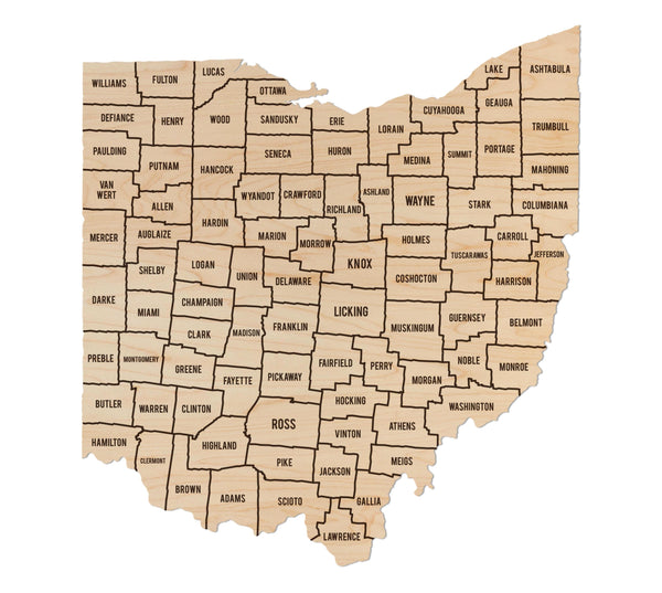 Ohio County Map Wall Hanging - Crafted from Cherry or Maple Wood