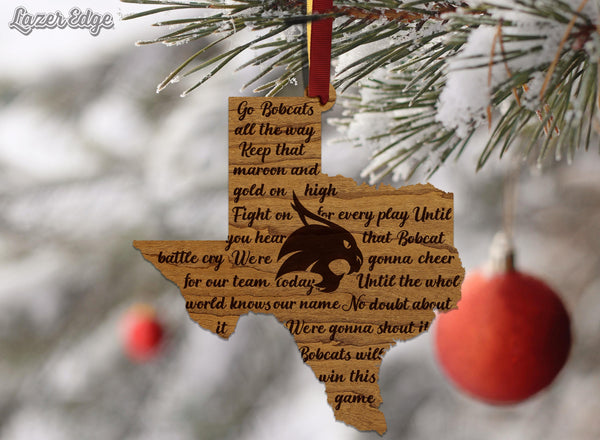 Texas State University Fight Song Ornament – Crafted from Cherry and Maple Wood – Texas State Bobcats