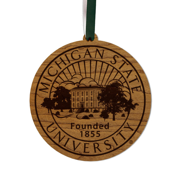 Michigan State University Seal Ornament – Crafted from Cherry and Maple Wood – Michigan State Spartans