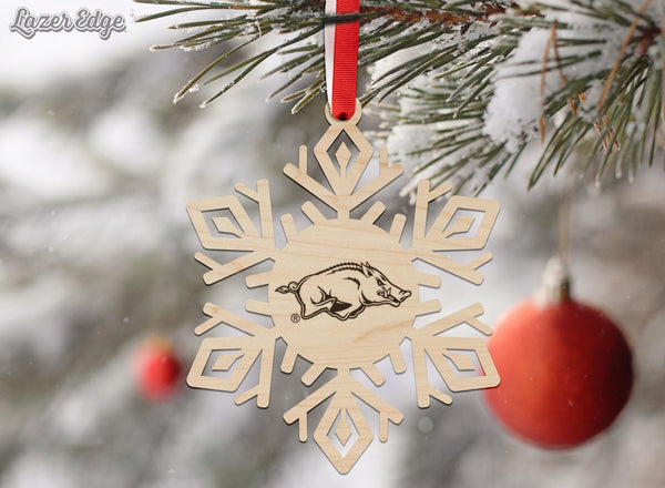 University of Arkansas Razorbacks Snowflake Ornament – Crafted from Cherry and Maple Wood - Arkansas Razorbacks