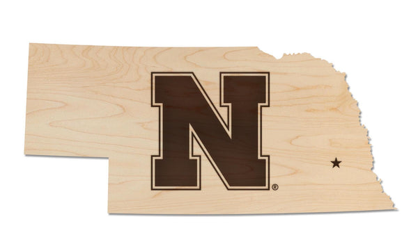 University of Nebraska N Logo on State Wall Hanging – Crafted from Cherry and  Maple Wood - Nebraska Huskers