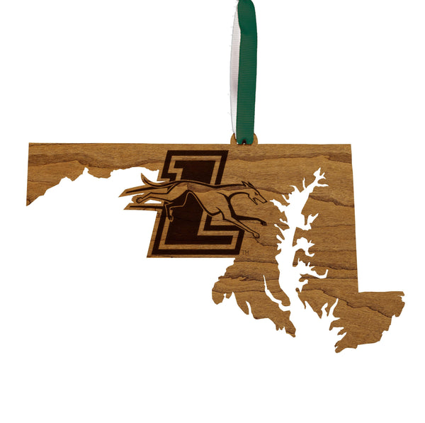 Loyola-Maryland Greyhounds on State Ornament – Crafted from Cherry or Maple Wood – Loyola Greyhounds