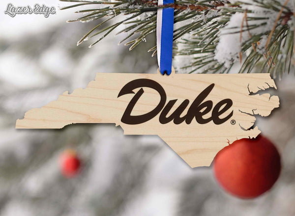 Duke Blue Devils Wordmark on State Ornament – Crafted from Cherry and Maple Wood – Duke University