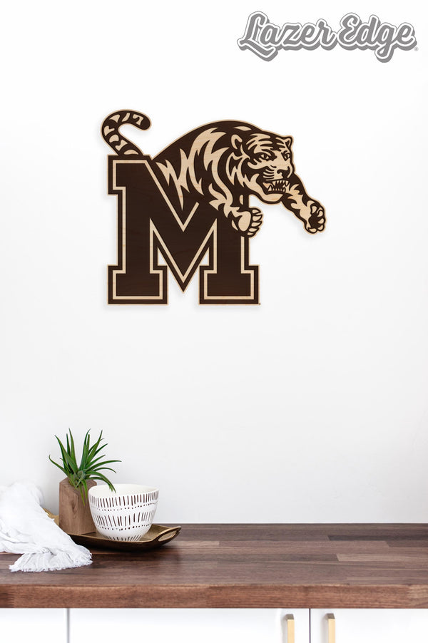 University of Memphis Block M Tiger Wall Hanging - Crafted from Cherry and Maple Wood - Memphis Tigers