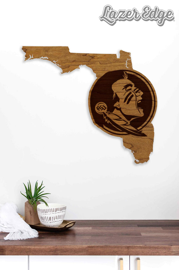 Florida State University Seminole Head on State Wall Hanging - Crafted from Cherry or Maple Wood - Florida State Seminoles