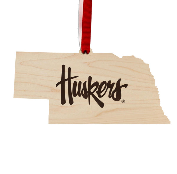 University of Nebraska Huskers on State Ornament - Crafted from Cherry or Maple Wood - Nebraska Huskers