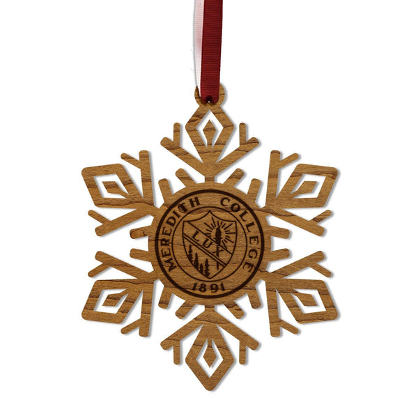 Meredith College Seal Snowflake Ornament – Crafted from Cherry and Maple Wood – Meredith College Avenging Angels