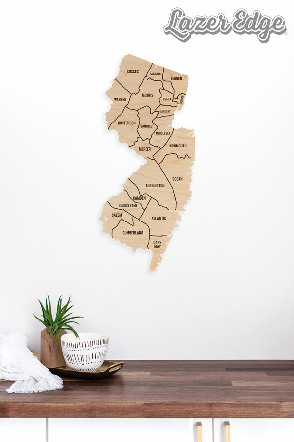 New Jersey County Map Wall Hanging - Crafted from Cherry or Maple Wood