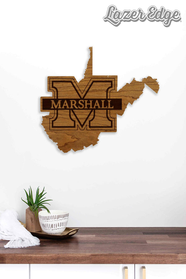 Marshall University Logo on State Wall Hanging - Crafted from Cherry or Maple Wood - Marshall Bisons