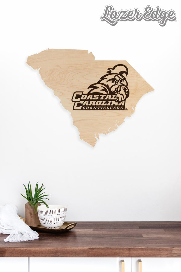 Coastal Carolina University Chanticleers on State Wall Hanging - Crafted from Cherry or Maple Wood - Coastal Carolina Chanticleers