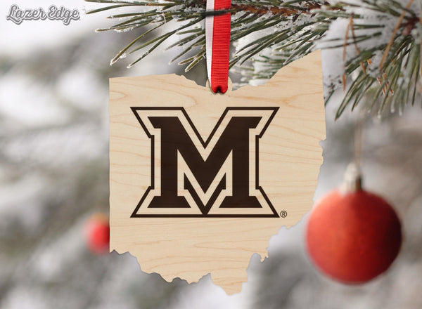 Miami University of Ohio Logo on State Ornament – Crafted from Cherry and Maple Wood –  Miami University Redhawks