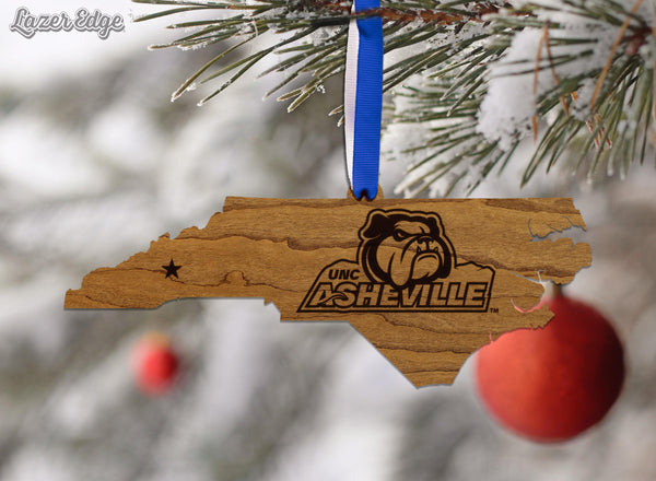UNC Asheville Bulldogs on State Ornament – Crafted from Cherry Wood
