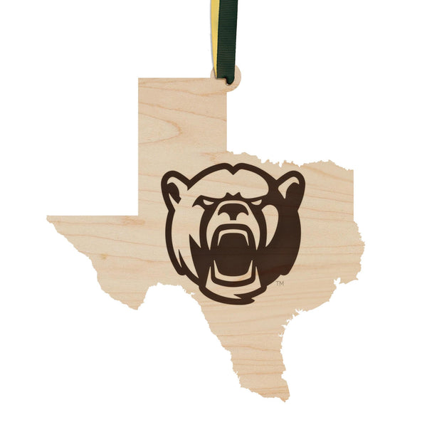 Baylor University Bear on State Ornament – Crafted from Cherry and Maple Wood – Baylor Bears