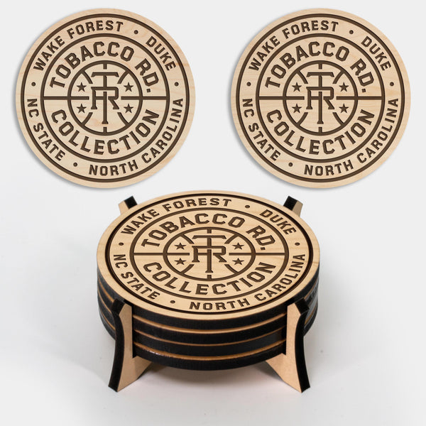 Tobacco Road Logo Wooden Coasters With Coaster Holder– Crafted from Cherry or Maple Wood