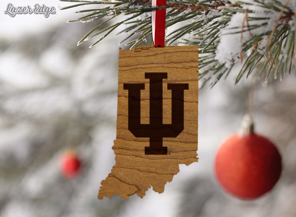 Indiana University IU on State Ornament – Crafted from Cherry and Maple Wood – Indiana Hoosiers