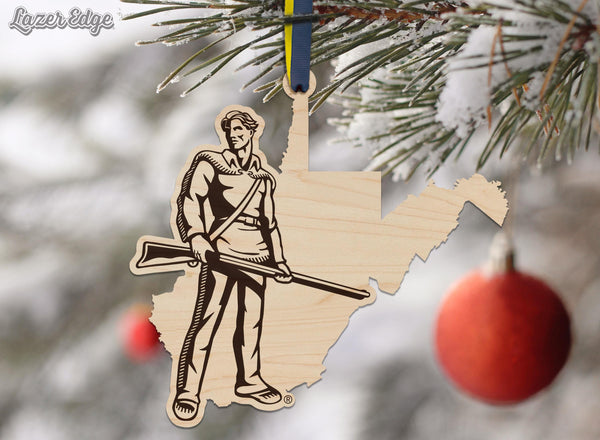 West Virginia University Mountaineer on State Ornament – Crafted from Cherry and Maple Wood – West Virginia Mountaineers