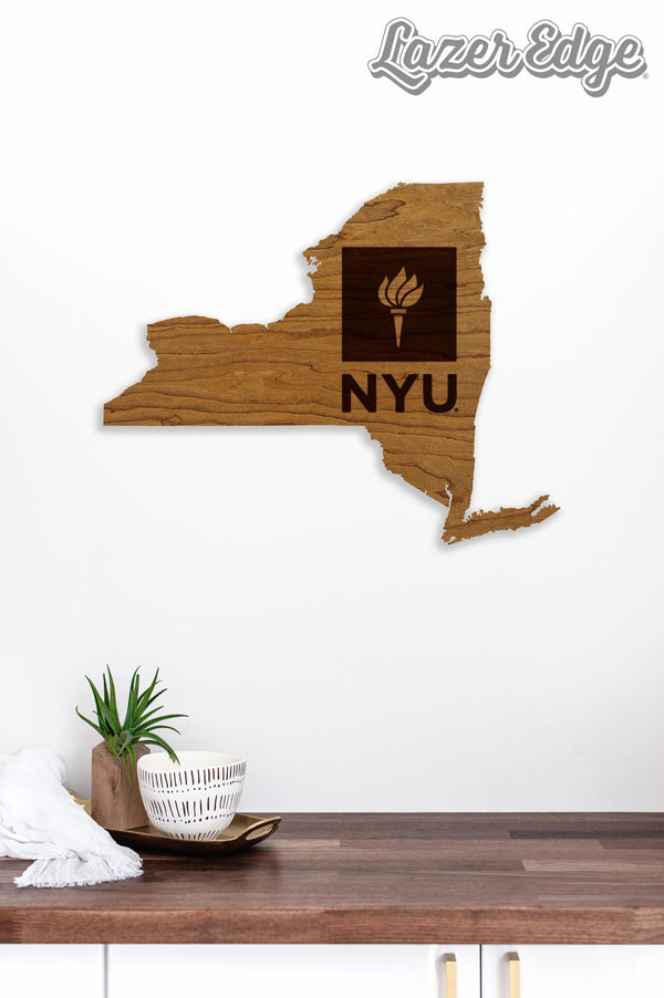 New York University Logo on State Wall Hanging - Crafted from Cherry and Maple Wood - NYU Bobcats