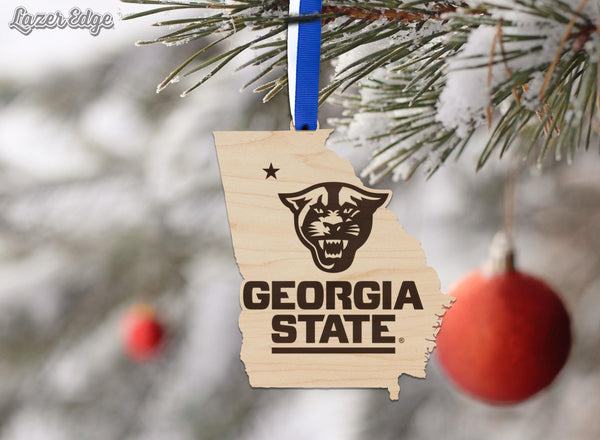 Georgia State University Logo on State Ornament – Crafted from Cherry Wood and Maple