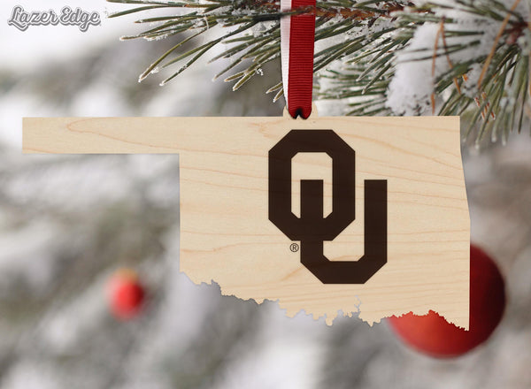 Oklahoma University OU on State Ornament – Crafted from Cherry and Maple Wood – Oklahoma University Sooners