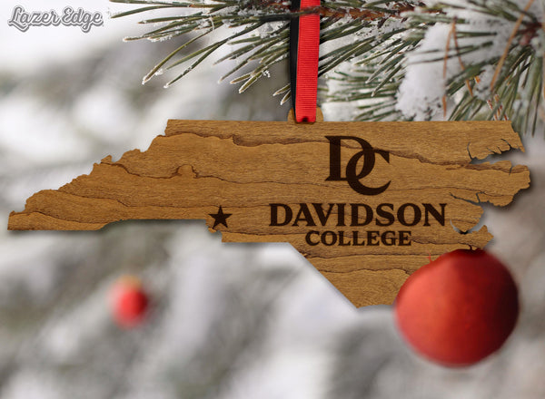 Davidson College Wordmark on State Ornament – Crafted from Cherry and Maple Wood– Davidson Wildcats