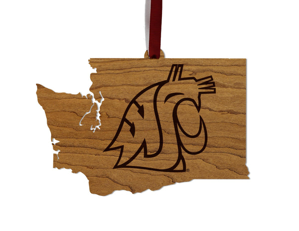 Washington State University Cougar on State Ornament – Crafted from Cherry and Maple Wood – Washington State Cougars