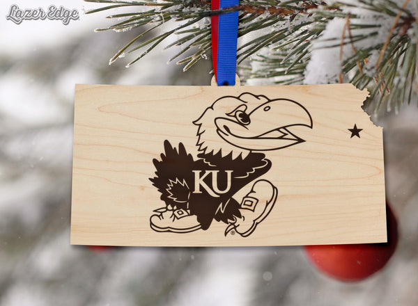 Kansas University Jayhawks on State Ornament – Crafted from Cherry and Maple Wood – Kansas Jayhawks