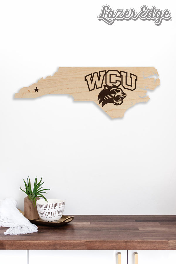 Western Carolina University on State Wall Hanging - Crafted from Cherry and Maple Wood - Western Carolina Catamounts