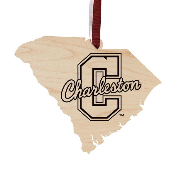College of Charleston Logo on State Ornament – Crafted from Cherry and Maple Wood – College of Charleston