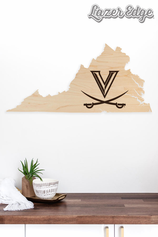 University of Virginia V Sabres on State Wall Hanging - Crafted from Cherry and Maple Wood - University of Virginia Cavaliers