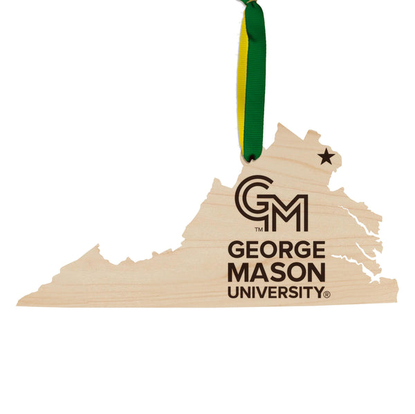 George Mason University Logo on State Ornament – Crafted from Cherry and Maple Wood – GMU Patriots