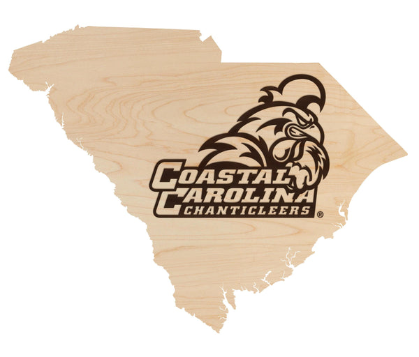 Coastal Carolina University Chanticleers on State Wall Hanging - Crafted from Cherry or Maple Wood - Coastal Carolina Chanticleers