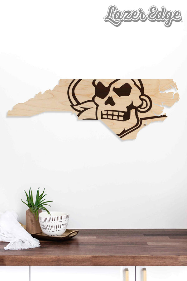 East Carolina University Jolly Roger on State Wall Hanging - Crafted from Cherry or Maple Wood - ECU Pirates