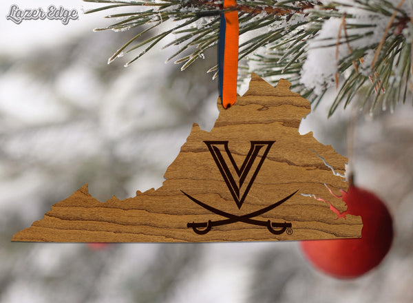 University of Virginia Sabres on State Ornament – Crafted from Cherry and Maple Wood – Virginia Cavaliers