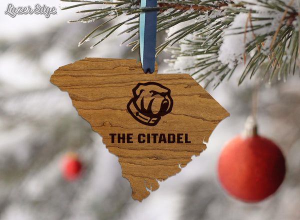 The Citadel Military College Bulldog on State Ornament – Crafted from Cherry and Maple Wood – The Citadel Bulldogs