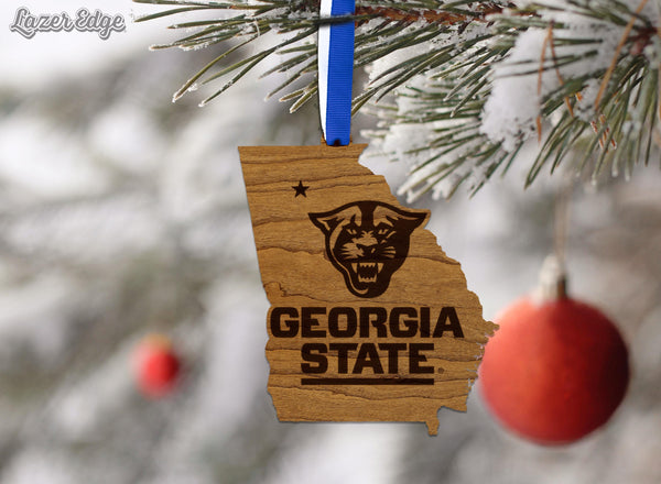 Georgia State University Logo on State Ornament – Crafted from Cherry Wood and Maple